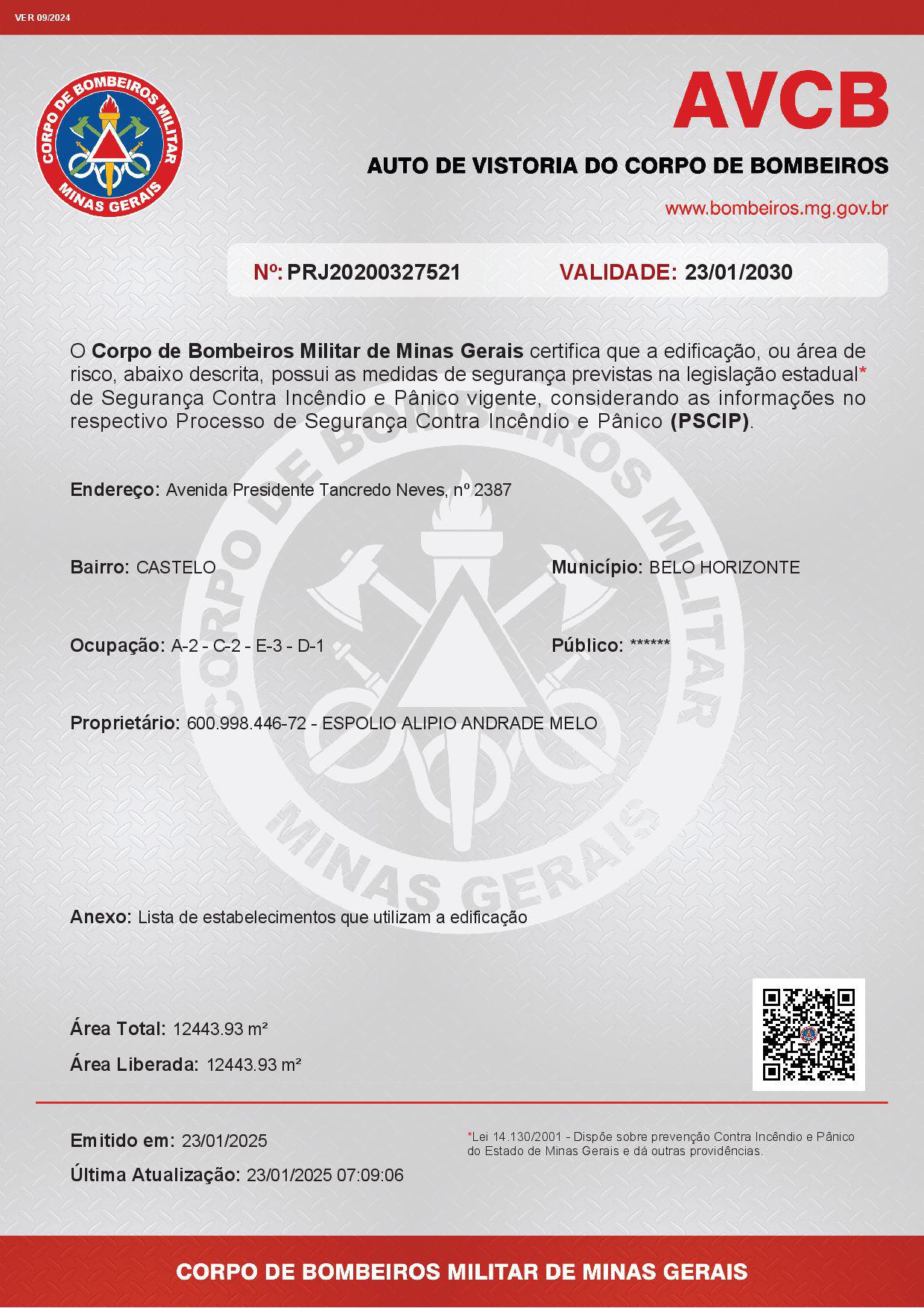 Auto de Vistoria do Corpo de Bombeiros (AVCB) - Emitido via INFOSCIP - Eng. Levi das Chagas Barroso Filho