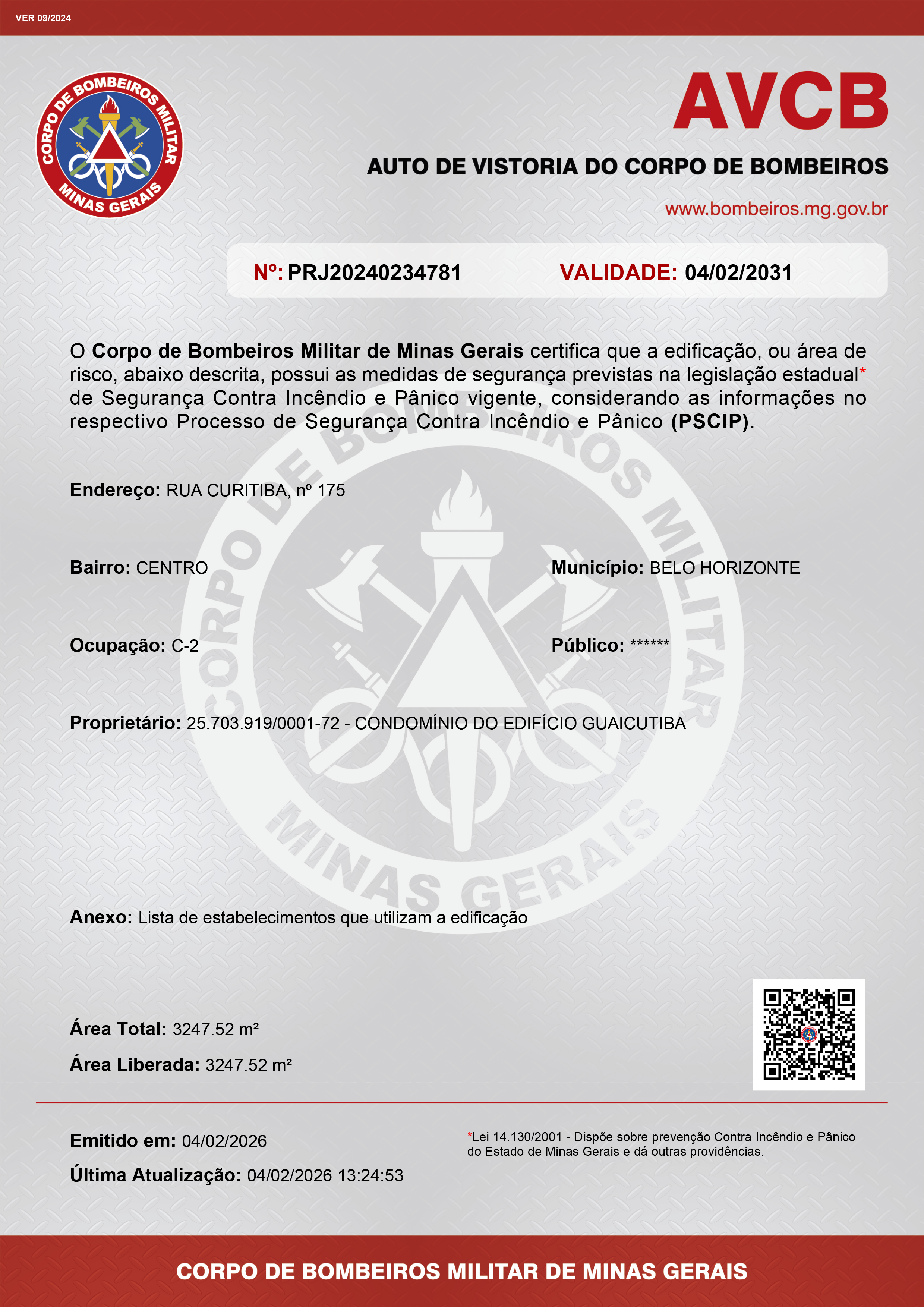 Auto de Vistoria do Corpo de Bombeiros (AVCB) - Emitido via INFOSCIP - Engenheiro Levi das Chagas Barroso Filho