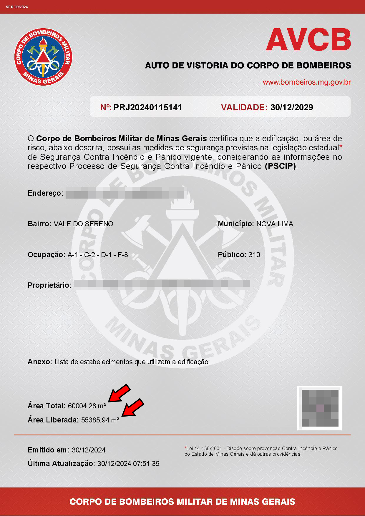 Auto de Vistoria do Corpo de Bombeiros (AVCB) - Emitido via INFOSCIP - Engenheiro Levi das Chagas Barroso Filho