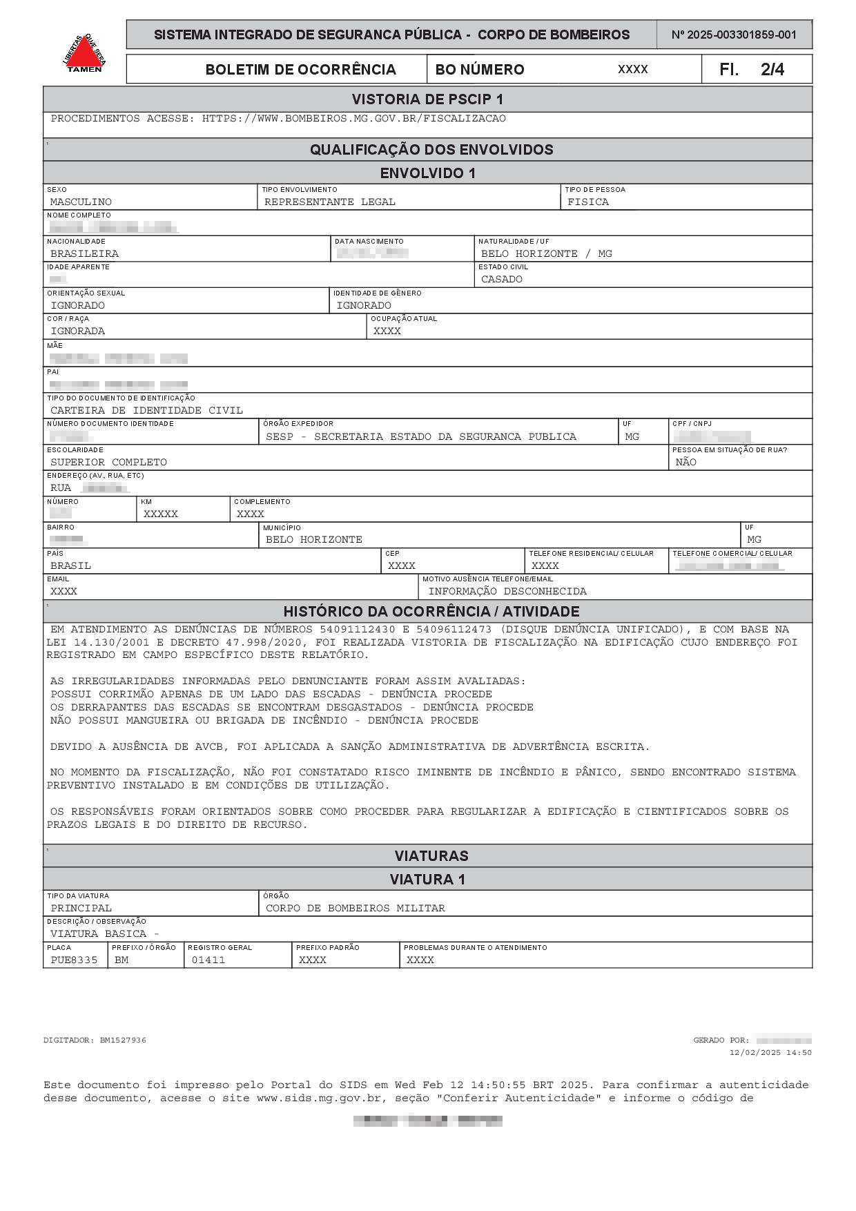 Boletim de Ocorrência (BO) - Corpo de Bombeiros Militar de Minas Gerais (CBMMG) - Eng. Levi das Chagas Barroso Filho