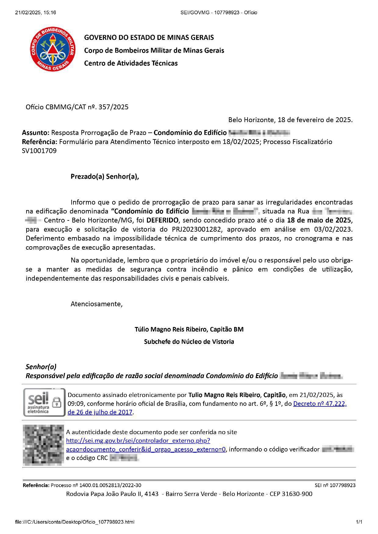 Prorrogação de prazo junto ao Corpo de Bombeiros de Minas Gerais - 2024 - Eng. Levi das Chagas Barroso Filho